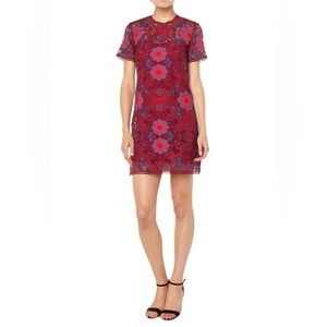 Sandro Lys Geometric Lace Crochet Embroidered Burgundy Red Mini Shift Dress 1 XS